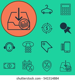 Set Of 12 E-Commerce Icons. Includes Price Stamp, Discount Location, Callcentre And Other Symbols. Beautiful Design Elements.