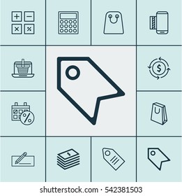 Set Of 12 Ecommerce Icons. Includes Money Transfer, Calculation Tool, Price Stamp And Other Symbols. Beautiful Design Elements.