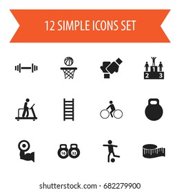 Set Of 12 Editable Active Icons. Includes Symbols Such As Cloth Ruler, Stairway, Bicycle Rider And More. Can Be Used For Web, Mobile, UI And Infographic Design.