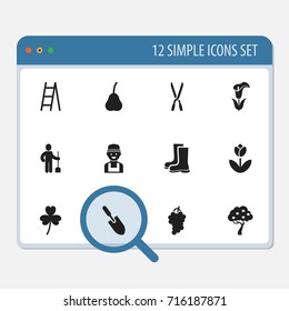 Set Of 12 Editable Agriculture Icons. Includes Symbols Such As Fruit Woods, Stairway, Trefoil And More. Can Be Used For Web, Mobile, UI And Infographic Design.