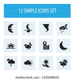 Set of 12 editable air icons. Includes symbols such as map, hurricane, moon with cloud and more. Can be used for web, mobile, UI and infographic design.