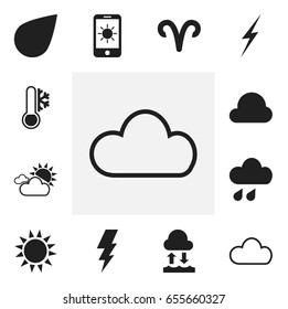Set Of 12 Editable Air Icons. Includes Symbols Such As Bolt, Drip, Deluge And More. Can Be Used For Web, Mobile, UI And Infographic Design.