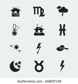 Set Of 12 Editable Air Icons. Includes Symbols Such As Current Shock, Lightning, Bull And More. Can Be Used For Web, Mobile, UI And Infographic Design.