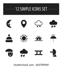 Set Of 12 Editable Air Icons. Includes Symbols Such As Happy Man, Satellite, Sunset And More. Can Be Used For Web, Mobile, UI And Infographic Design.