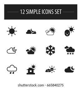 Set Of 12 Editable Air Icons. Includes Symbols Such As Solar, Clouded Sunshine, Precipitation And More. Can Be Used For Web, Mobile, UI And Infographic Design.