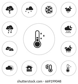 Set Of 12 Editable Air Icons. Includes Symbols Such As Rainstorm, Frosty, Frostbite And More. Can Be Used For Web, Mobile, UI And Infographic Design.