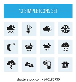 Set Of 12 Editable Air Icons. Includes Symbols Such As Snowy Night, Clouded, Midnight And More. Can Be Used For Web, Mobile, UI And Infographic Design.