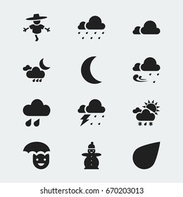 Set Of 12 Editable Air Icons. Includes Symbols Such As Storm, Precipitation, Tempest And More. Can Be Used For Web, Mobile, UI And Infographic Design.