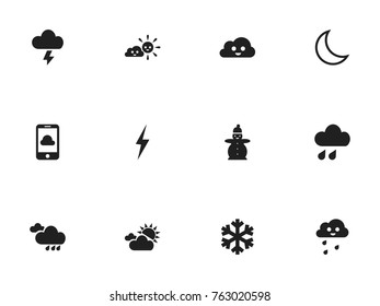Set Of 12 Editable Air Icons. Includes Symbols Such As Snow Person, Deluge, Stormy And More. Can Be Used For Web, Mobile, UI And Infographic Design.