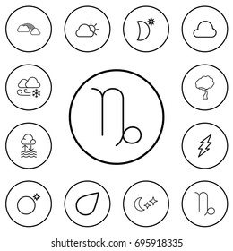 Set Of 12 Editable Air Outline Icons. Includes Symbols Such As Wind, Fishes, Sky Night And More. Can Be Used For Web, Mobile, UI And Infographic Design.