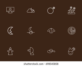 Set Of 12 Editable Air Outline Icons. Includes Symbols Such As Smile Lunar, Boy In Winter, Snow Person And More. Can Be Used For Web, Mobile, UI And Infographic Design.