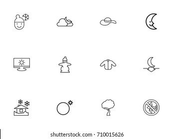 Set Of 12 Editable Air Outline Icons. Includes Symbols Such As Boy In Winter, Monitor, Midnight And More. Can Be Used For Web, Mobile, UI And Infographic Design.