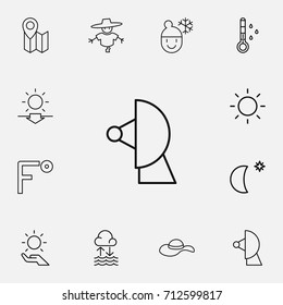 Set Of 12 Editable Air Outline Icons. Includes Symbols Such As Sundown, Warm, Solar In The Palm And More. Can Be Used For Web, Mobile, UI And Infographic Design.