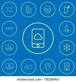 Set Of 12 Editable Air Outline Icons. Includes Symbols Such As Eyeglasses, Overcast, Snow Star And More. Can Be Used For Web, Mobile, UI And Infographic Design.
