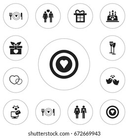 Set Of 12 Editable Amour Icons. Includes Symbols Such As Gift, Cake, Celebration And More. Can Be Used For Web, Mobile, UI And Infographic Design.