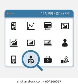 Set Of 12 Editable Analytics Icons. Includes Symbols Such As Phone Statistics, Monitoring, Graph Information And More. Can Be Used For Web, Mobile, UI And Infographic Design.