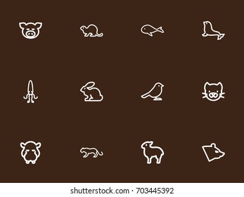 Set Of 12 Editable Animal Outline Icons. Includes Symbols Such As Cachalot, Piggy, Kitty And More. Can Be Used For Web, Mobile, UI And Infographic Design.