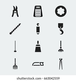 Set Of 12 Editable Apparatus Icons. Includes Symbols Such As Hay Fork, Crane, Harrow And More. Can Be Used For Web, Mobile, UI And Infographic Design.