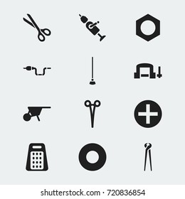 Set Of 12 Editable Apparatus Icons. Includes Symbols Such As Clamp, Spacer, Shear And More. Can Be Used For Web, Mobile, UI And Infographic Design.
