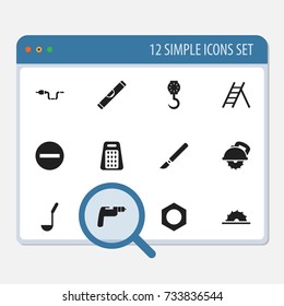 Set Of 12 Editable Apparatus Icons. Includes Symbols Such As Minus, Medical Instrument, Drilling Machine And More. Can Be Used For Web, Mobile, UI And Infographic Design.