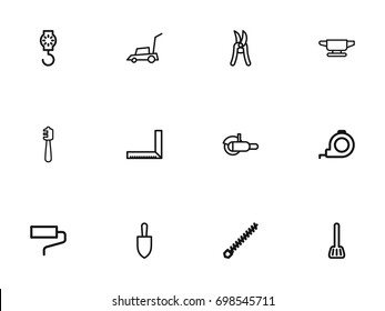 Set Of 12 Editable Apparatus Outline Icons. Includes Symbols Such As Lifting Machine, Measurement, Paintbrush And More. Can Be Used For Web, Mobile, UI And Infographic Design.
