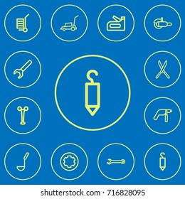 Set Of 12 Editable Apparatus Outline Icons. Includes Symbols Such As Forceps, Grinder, Lawn Mower And More. Can Be Used For Web, Mobile, UI And Infographic Design.