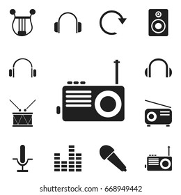 Set Of 12 Editable Audio Icons. Includes Symbols Such As Timpano, Musical Instrument, Bar Wave And More. Can Be Used For Web, Mobile, UI And Infographic Design.