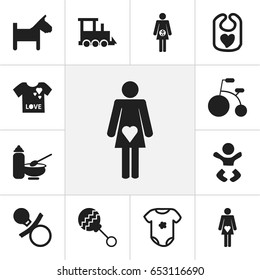 Set Of 12 Editable Baby Icons. Includes Symbols Such As Pinafore, Pregnant Lady, Railway And More. Can Be Used For Web, Mobile, UI And Infographic Design.