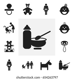 Set Of 12 Editable Baby Icons. Includes Symbols Such As Bear Toy, Daughter, Pacifier And More. Can Be Used For Web, Mobile, UI And Infographic Design.