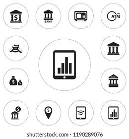 Set of 12 editable banking icons. Includes symbols such as architecture, chart, automatic teller machine and more. Can be used for web, mobile, UI and infographic design.