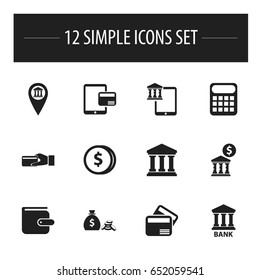 Set Of 12 Editable Banking Icons. Includes Symbols Such As Computation Machine, Specie, Coins Sack And More. Can Be Used For Web, Mobile, UI And Infographic Design.