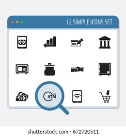 Set Of 12 Editable Banking Icons. Includes Symbols Such As E-Commerce, Strongbox, Line Chart And More. Can Be Used For Web, Mobile, UI And Infographic Design.