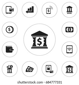 Set Of 12 Editable Banking Icons. Includes Symbols Such As Finance Protection, Currency, Freelance Income And More. Can Be Used For Web, Mobile, UI And Infographic Design.