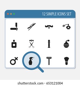 Set Of 12 Editable Barber Icons. Includes Symbols Such As Aroma, Shaver, Deodorant And More. Can Be Used For Web, Mobile, UI And Infographic Design.