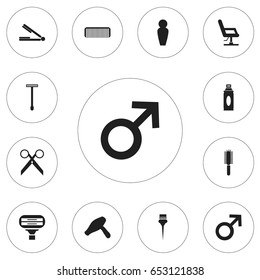Set Of 12 Editable Barber Icons. Includes Symbols Such As Hairbrush, Man Sign, Painting Tools And More. Can Be Used For Web, Mobile, UI And Infographic Design.