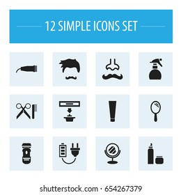 Set Of 12 Editable Barber Icons. Includes Symbols Such As Moustache, Barber Tools, Reflector And More. Can Be Used For Web, Mobile, UI And Infographic Design.