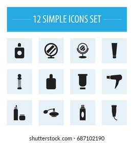 Set Of 12 Editable Barber Icons. Includes Symbols Such As Blow Dryer, Perfumer, Container And More. Can Be Used For Web, Mobile, UI And Infographic Design.