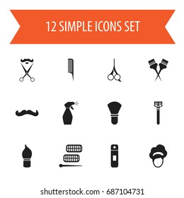 Set Of 12 Editable Barber Icons. Includes Symbols Such As Hackle, Cut Tool, Curler Device And More. Can Be Used For Web, Mobile, UI And Infographic Design.