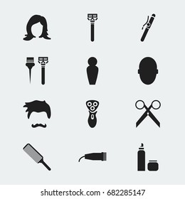 Set Of 12 Editable Barbershop Icons. Includes Symbols Such As Razor, Scissors, Stubble And More. Can Be Used For Web, Mobile, UI And Infographic Design.