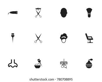 Set of 12 editable barbershop icons. Includes symbols such as foam, elbow chair, smell and more. Can be used for web, mobile, UI and infographic design.