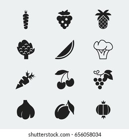 Set Of 12 Editable Berry Icons. Includes Symbols Such As Carrot, Merlot, Melon And More. Can Be Used For Web, Mobile, UI And Infographic Design.