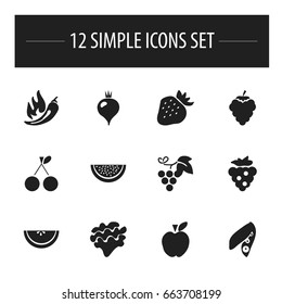 Set Of 12 Editable Berry Icons. Includes Symbols Such As Grape, Paprika, Strawberry And More. Can Be Used For Web, Mobile, UI And Infographic Design.