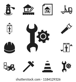 Set of 12 editable building icons. Includes symbols such as saw, lighthouse, handle hit. Can be used for web, mobile, UI and infographic design.
