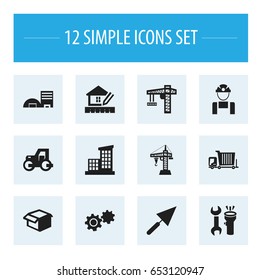 Set Of 12 Editable Building Icons. Includes Symbols Such As Tools, Employee, Box And More. Can Be Used For Web, Mobile, UI And Infographic Design.