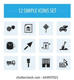 Set Of 12 Editable Building Icons. Includes Symbols Such As Pail, Architecture, Oar And More. Can Be Used For Web, Mobile, UI And Infographic Design.
