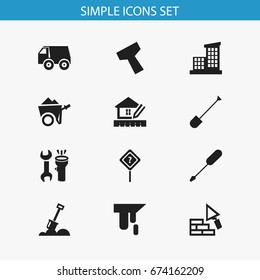 Set Of 12 Editable Building Icons. Includes Symbols Such As Spade, Handcart , Tools. Can Be Used For Web, Mobile, UI And Infographic Design.