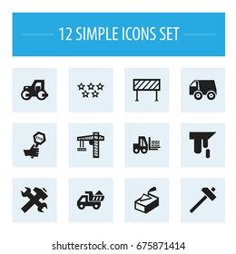 Set Of 12 Editable Building Icons. Includes Symbols Such As Spatula, Barrier, Renovation And More. Can Be Used For Web, Mobile, UI And Infographic Design.
