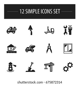 Set Of 12 Editable Building Icons. Includes Symbols Such As Oar, Trowel, Camion And More. Can Be Used For Web, Mobile, UI And Infographic Design.