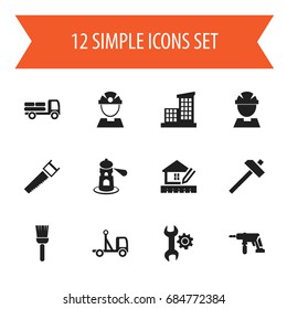 Set Of 12 Editable Building Icons. Includes Symbols Such As Pickup, Home Scheduling, Hammer And More. Can Be Used For Web, Mobile, UI And Infographic Design.