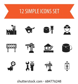 Set Of 12 Editable Building Icons. Includes Symbols Such As Trolley, Builder, Lifting Equipment And More. Can Be Used For Web, Mobile, UI And Infographic Design.